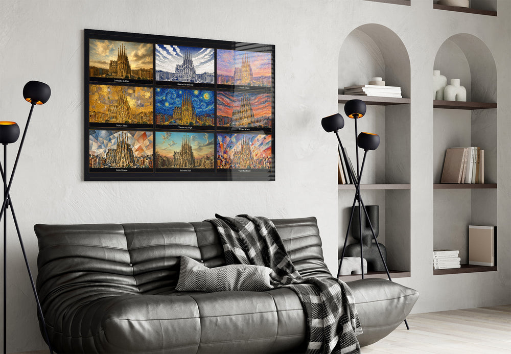 Sagrada Familia glass wall art styled in a contemporary living room