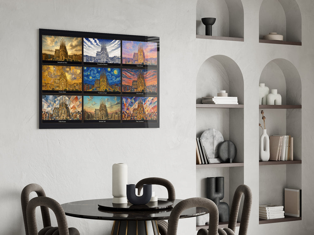 Sagrada Familia glass wall art shown in a warm, styled interior setting