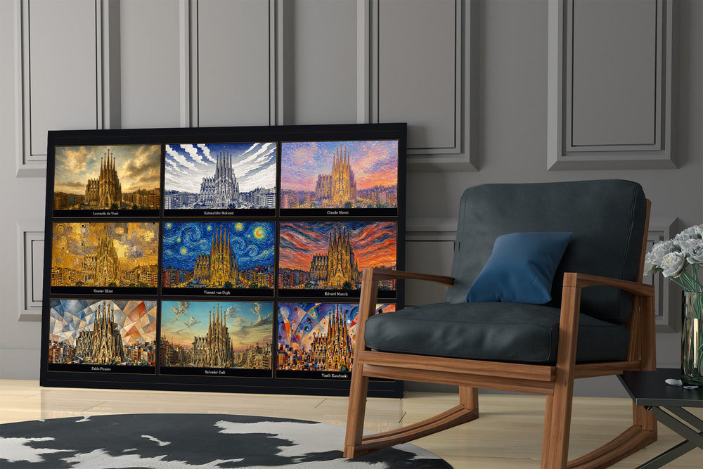 Sagrada Familia glass wall art hanging as a focal point in a modern room