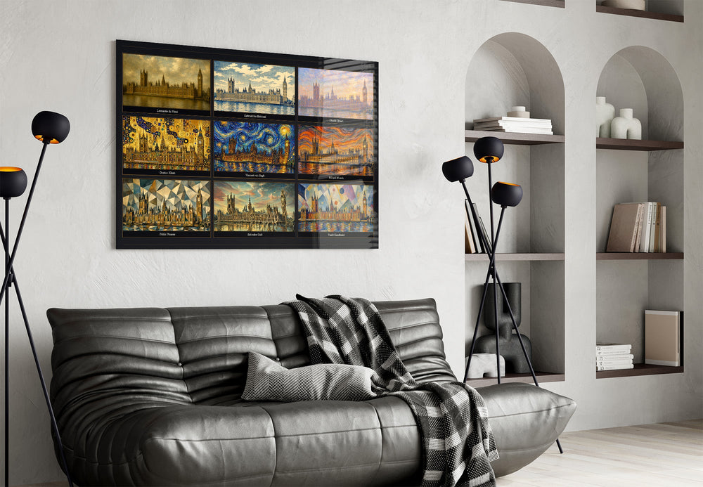 Big Ben Westminster glass wall art styled in a contemporary living room