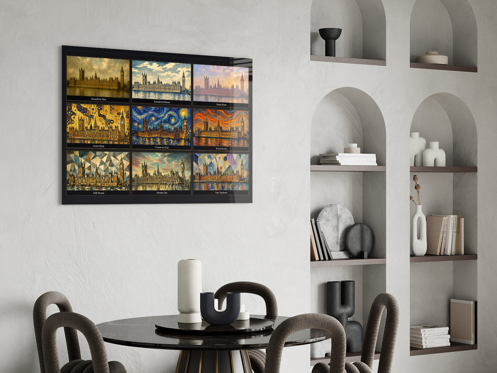 Big Ben Westminster glass wall art shown in a warm, styled interior setting