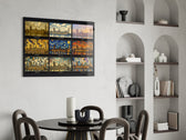 Big Ben Westminster glass wall art shown in a warm, styled interior setting