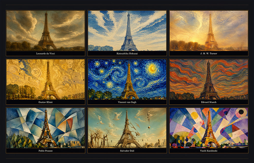 Eiffel Tower Nine Painting Styles Collage Glass Wall Art