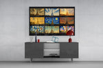 Eiffel Tower nine-style collage glass wall art above a console in a modern interior