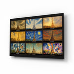 Eiffel Tower nine-style collage glass wall art, angled product view