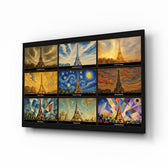 Eiffel Tower nine-style collage glass wall art, angled product view