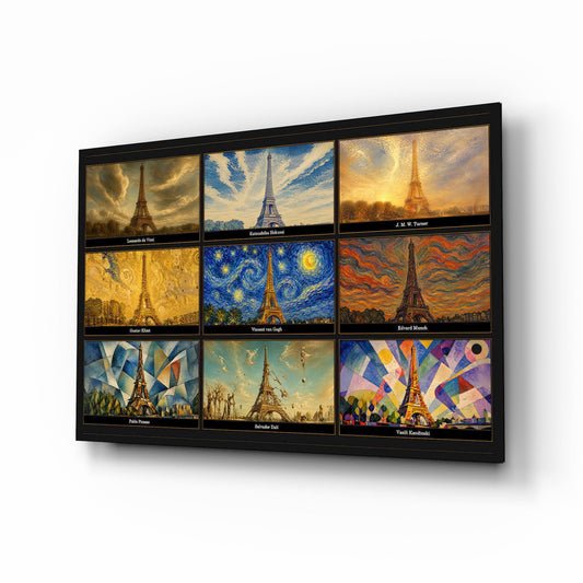 Eiffel Tower nine-style collage glass wall art, angled product view