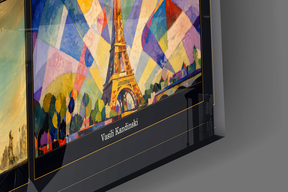 Eiffel Tower nine-style collage glass wall art close-up detail of the printed grid on tempered glass