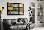 Eiffel Tower nine-style collage glass wall art styled in a contemporary living room
