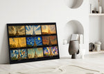 Eiffel Tower nine-style collage glass wall art leaning against a wall in a minimalist interior
