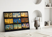 Eiffel Tower nine-style collage glass wall art leaning against a wall in a minimalist interior