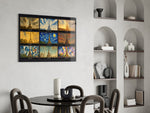 Eiffel Tower nine-style collage glass wall art shown in a warm, styled interior setting