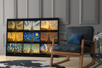 Eiffel Tower nine-style collage glass wall art hanging as a focal point in a modern room