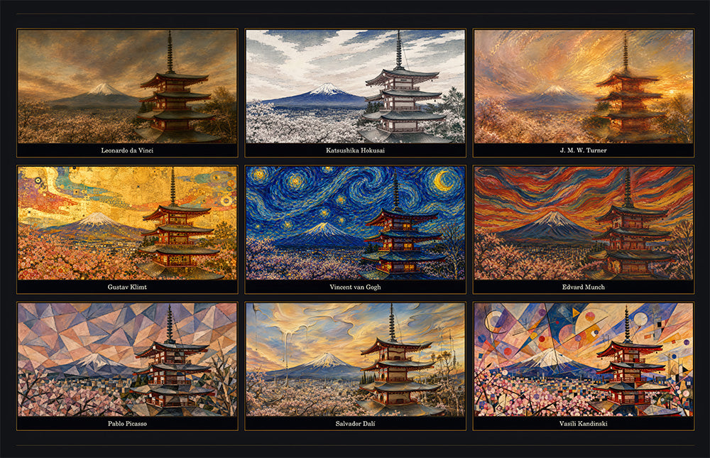Mount Fuji Nine Painting Styles Collage Glass Wall Art