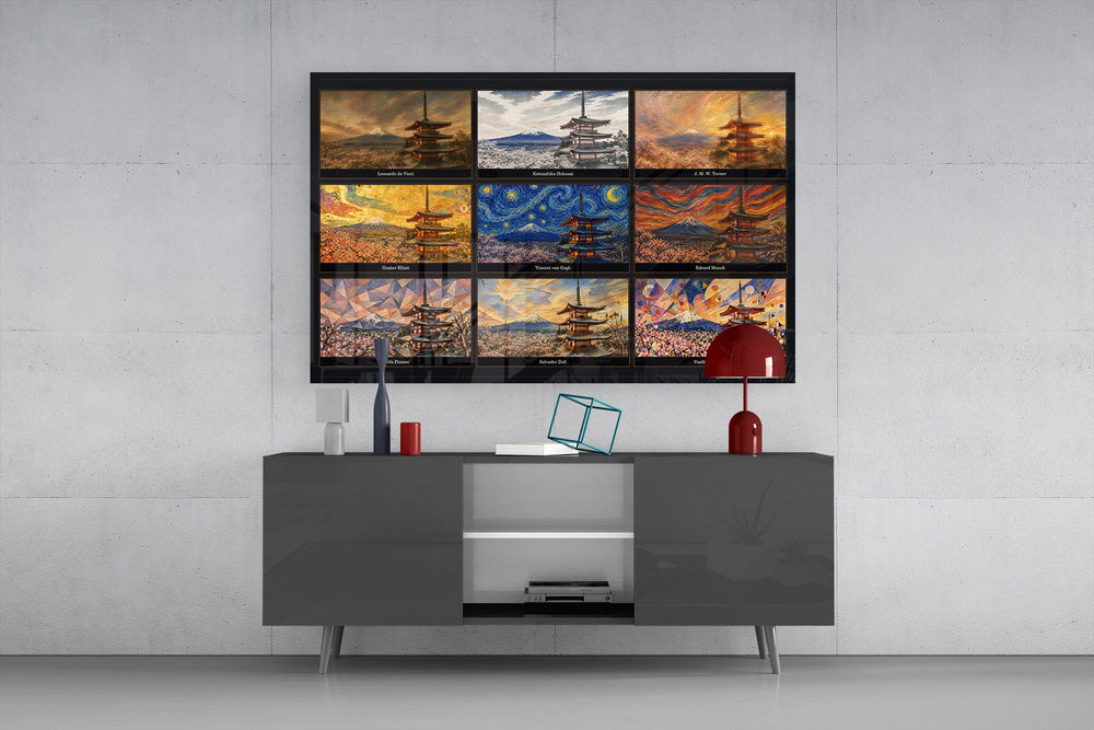 Mount Fuji & Chureito Pagoda nine-style collage glass wall art above a console in a modern interior