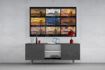 Mount Fuji & Chureito Pagoda nine-style collage glass wall art above a console in a modern interior