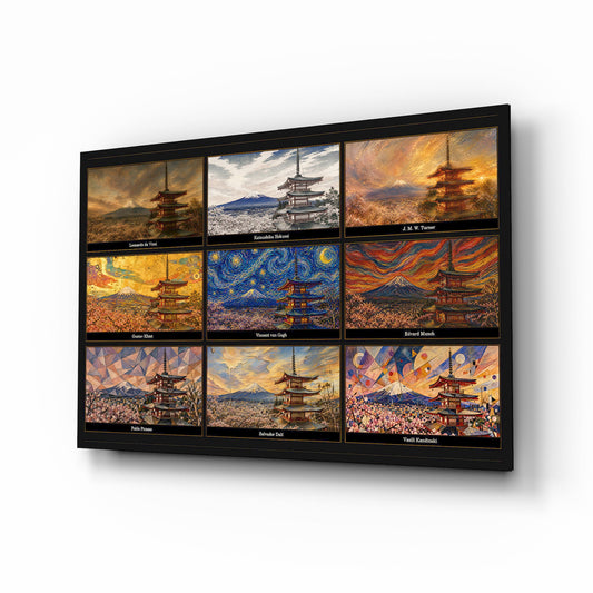 Mount Fuji & Chureito Pagoda nine-style collage glass wall art, angled product view