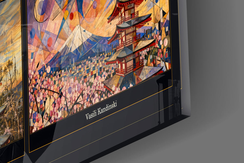 Mount Fuji & Chureito Pagoda nine-style collage glass wall art close-up detail of the printed grid on tempered glass