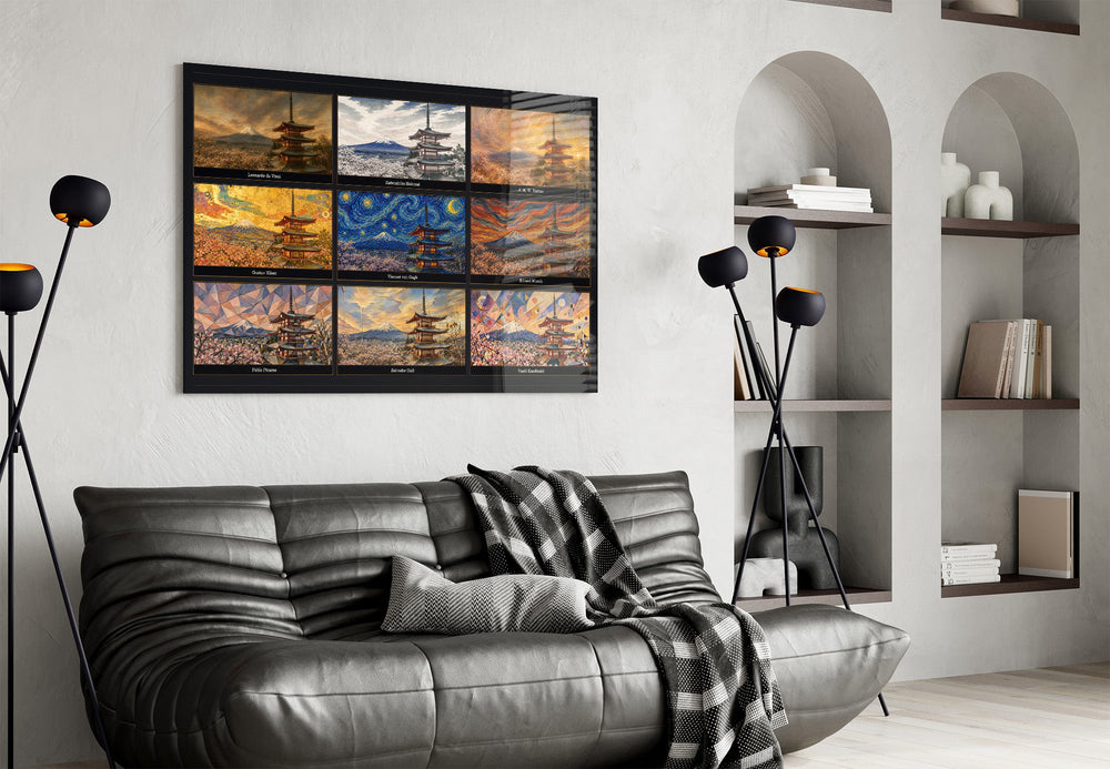 Mount Fuji & Chureito Pagoda nine-style collage glass wall art styled in a contemporary living room