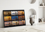 Mount Fuji & Chureito Pagoda nine-style collage glass wall art leaning against a wall in a minimalist interior