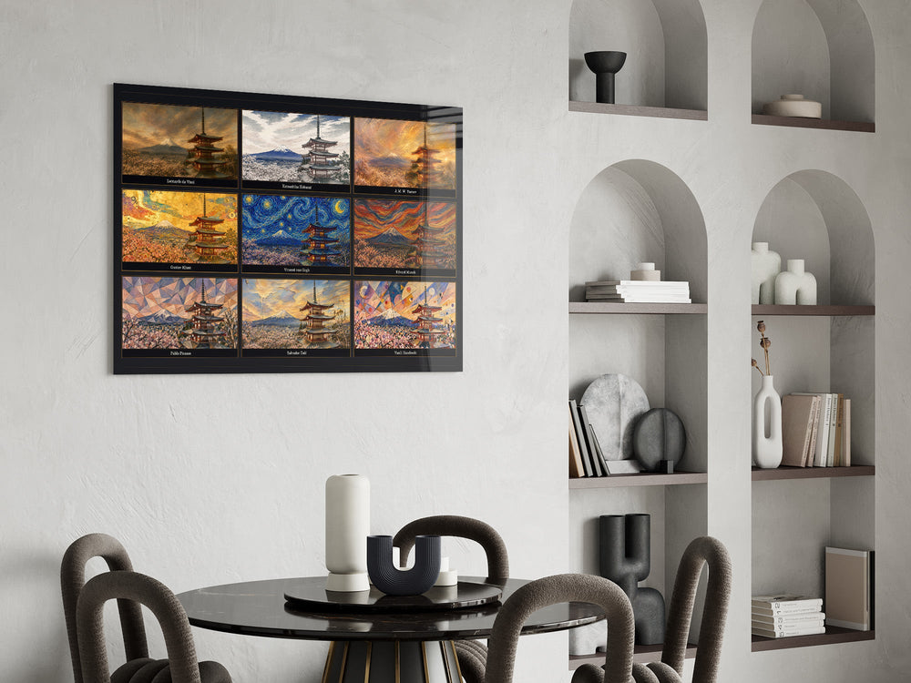 Mount Fuji & Chureito Pagoda nine-style collage glass wall art shown in a warm, styled interior setting