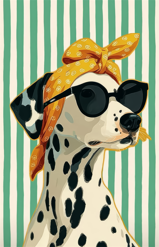 Dalmatian in Bandana and Round Sunglasses Glass Wall Art