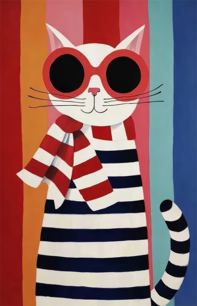 Striped Cat in Red Sunglasses Naive Art Glass Wall Art