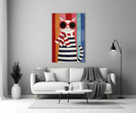 Striped Cat in Red Sunglasses Naive Art Glass Wall Art
