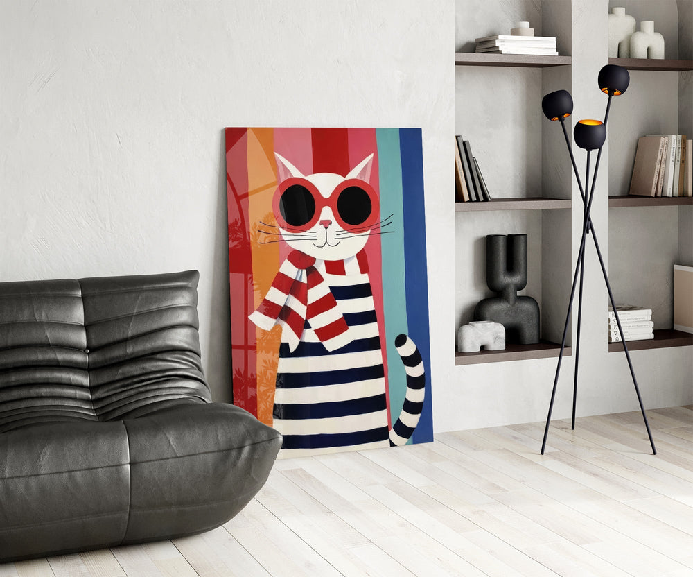 Striped Cat in Red Sunglasses Naive Art Glass Wall Art
