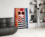 Striped Cat in Red Sunglasses Naive Art Glass Wall Art