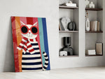 Striped Cat in Red Sunglasses Naive Art Glass Wall Art