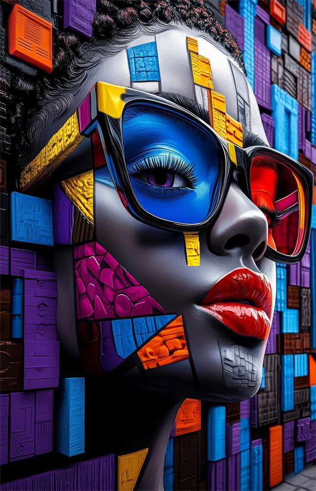 Mosaic Block Woman Portrait Cubist Glass Wall Art