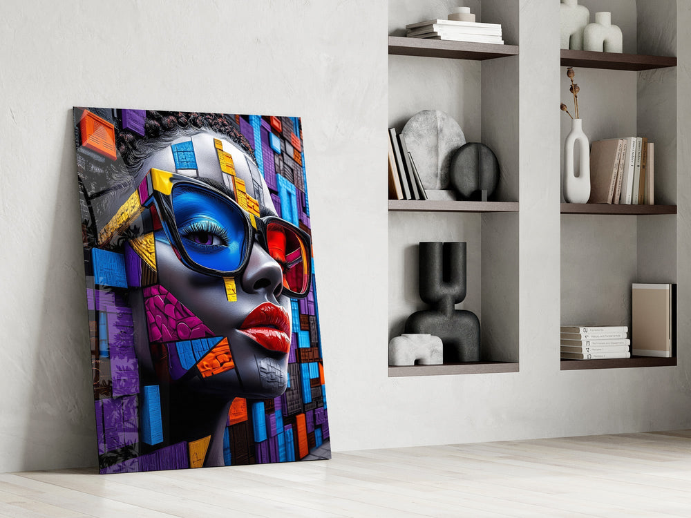 Mosaic Block Woman Portrait Cubist Glass Wall Art