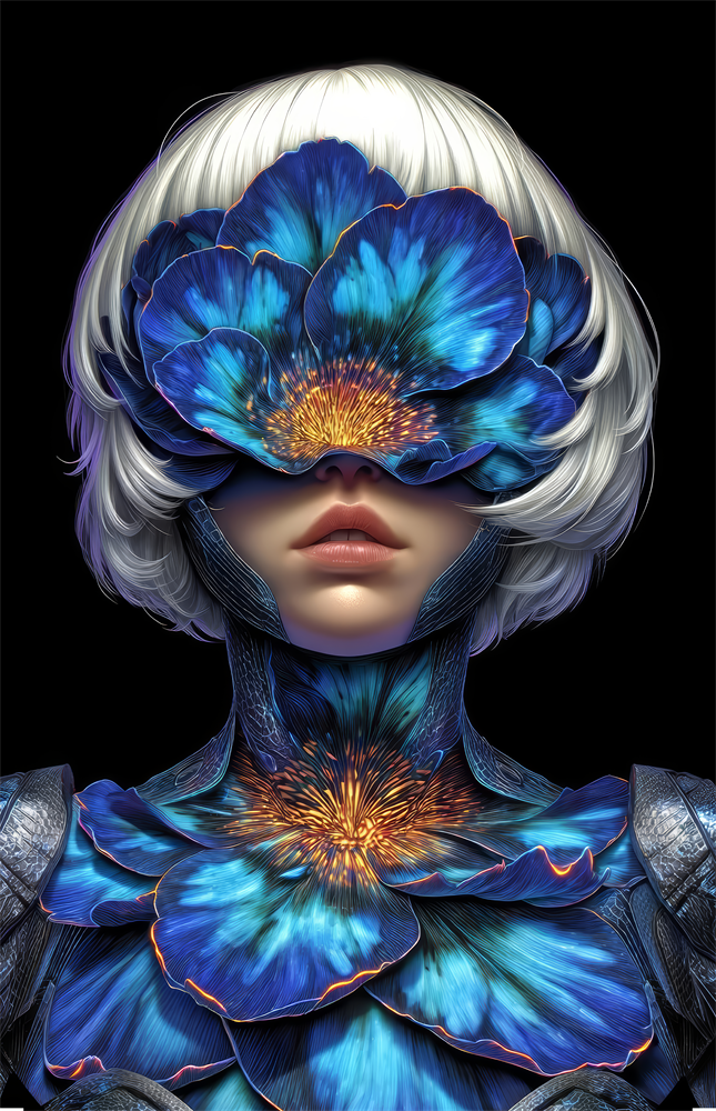 Blue Orchid Masked Woman Surreal Glass Wall Art