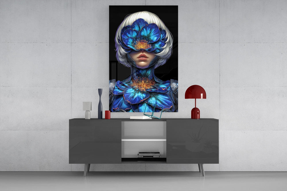 Blue Orchid Masked Woman Surreal Glass Wall Art