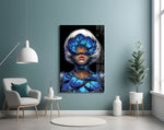 Blue Orchid Masked Woman Surreal Glass Wall Art