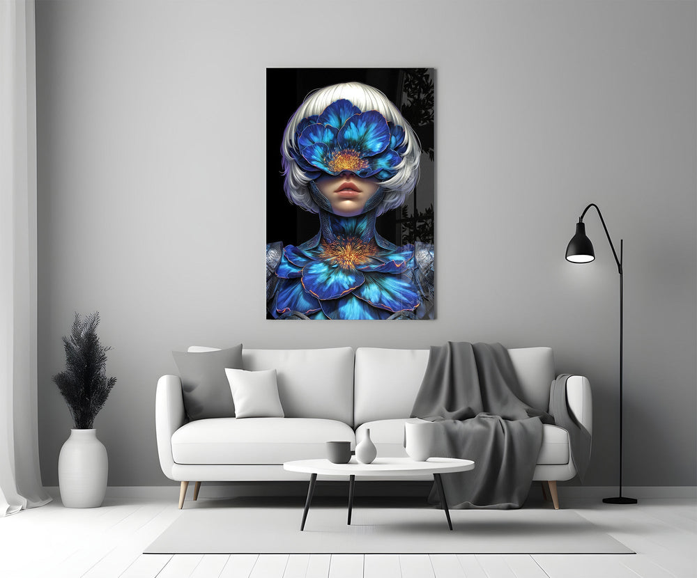 Blue Orchid Masked Woman Surreal Glass Wall Art
