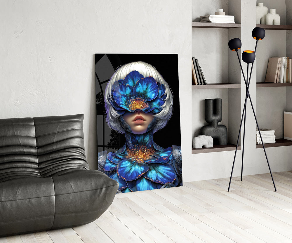 Blue Orchid Masked Woman Surreal Glass Wall Art