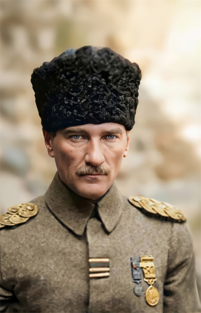 Atatürk Portrait in Kalpak Colourised Glass Wall Art