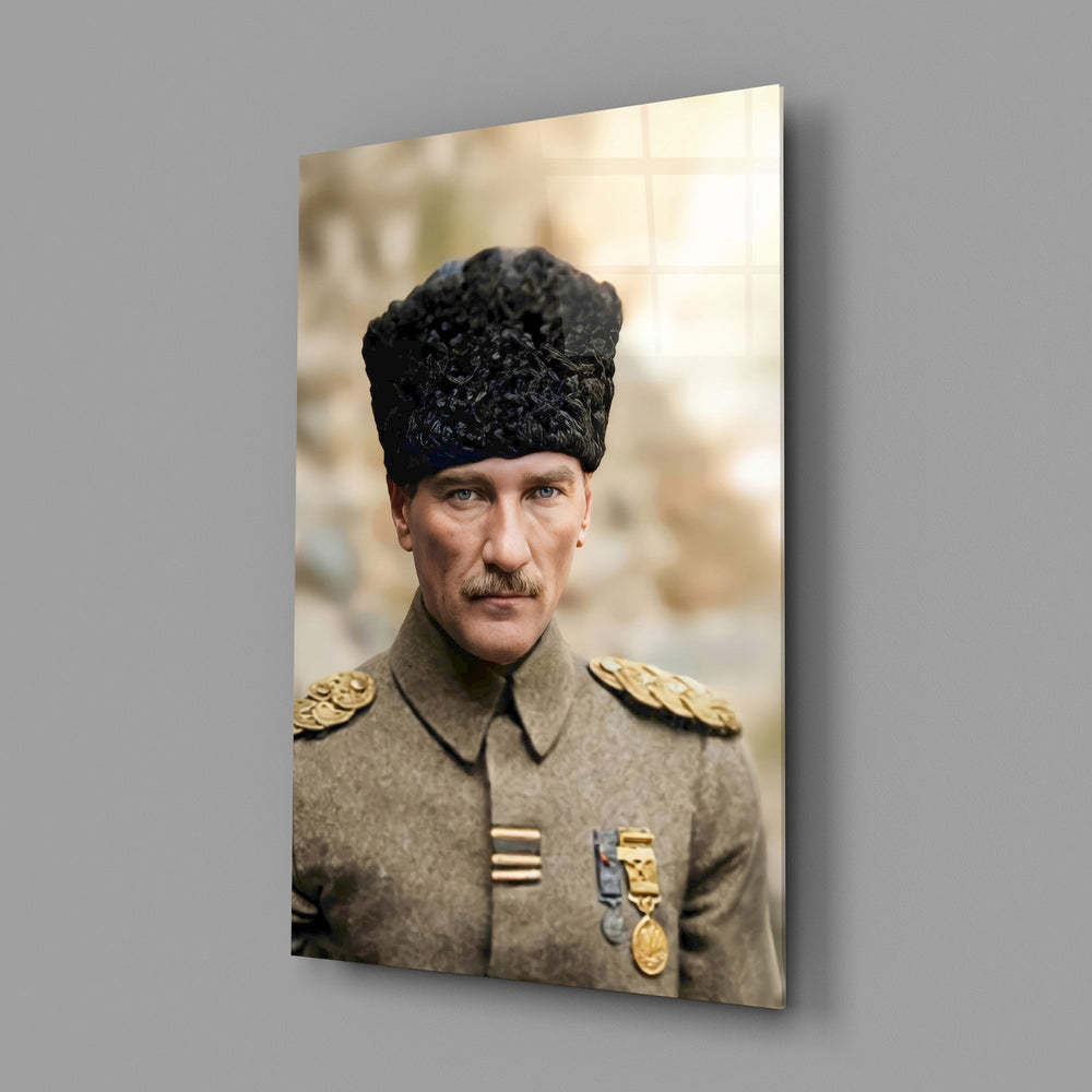 Atatürk Portrait in Kalpak Colourised Glass Wall Art