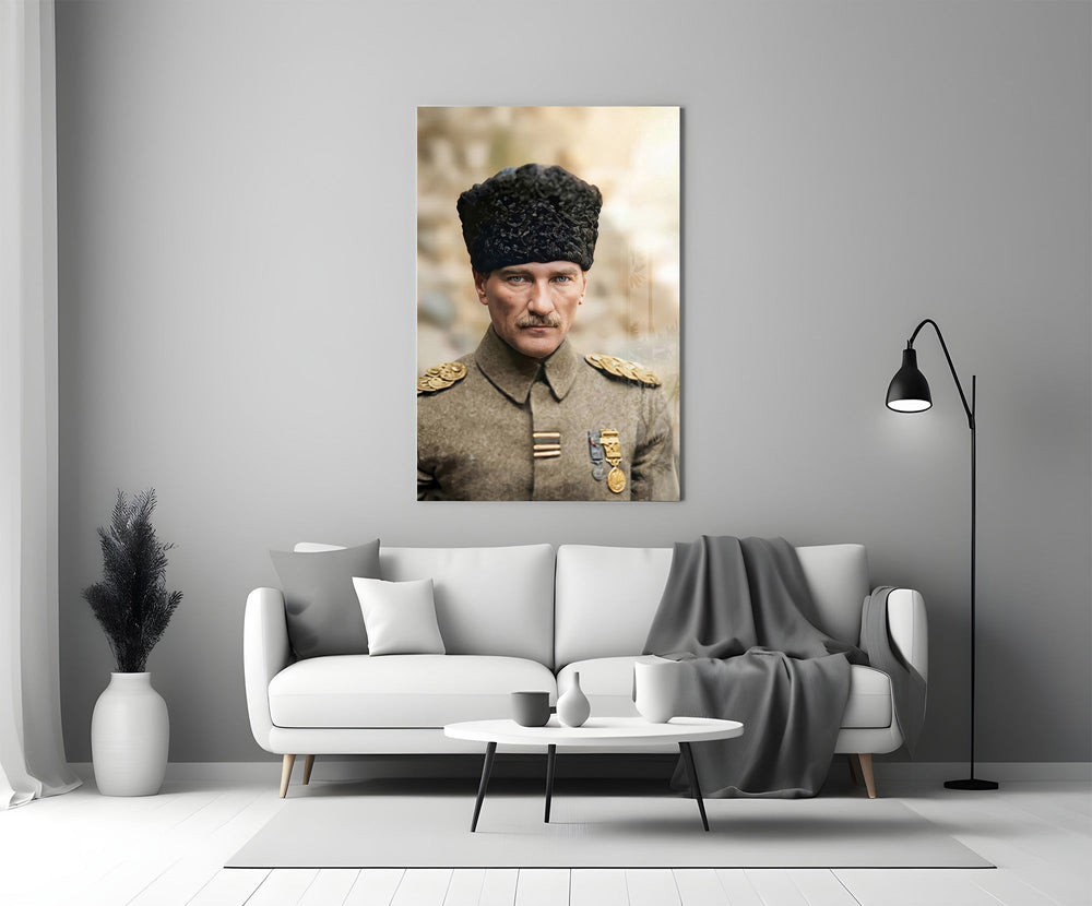 Atatürk Portrait in Kalpak Colourised Glass Wall Art
