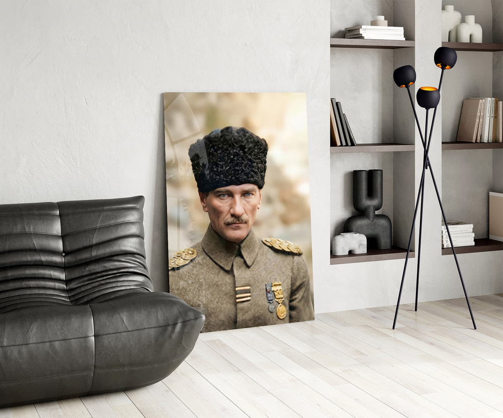 Atatürk Portrait in Kalpak Colourised Glass Wall Art