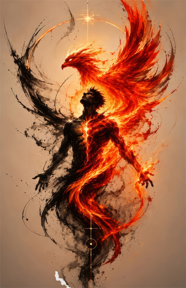 Rising Phoenix Fire and Ink Figure Glass Wall Art
