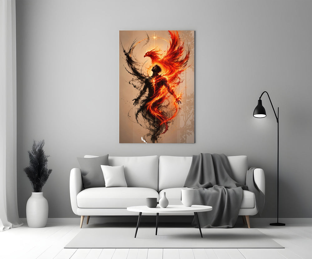 Rising Phoenix Fire and Ink Figure Glass Wall Art