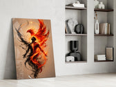 Rising Phoenix Fire and Ink Figure Glass Wall Art