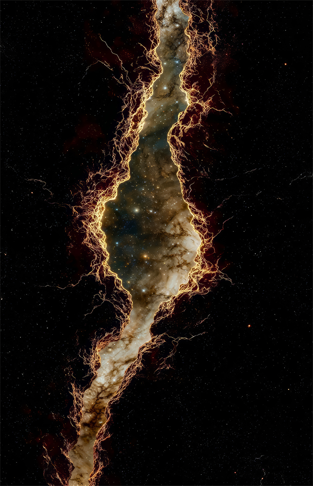 Golden Rift Lightning Nebula Glass Wall Art