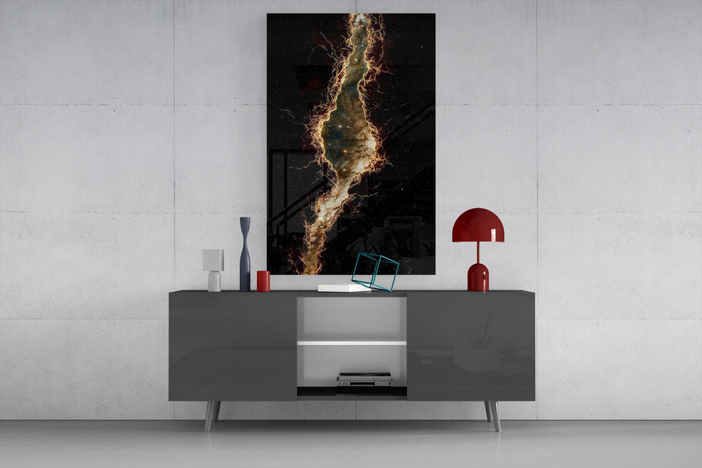 Golden Rift Lightning Nebula Glass Wall Art