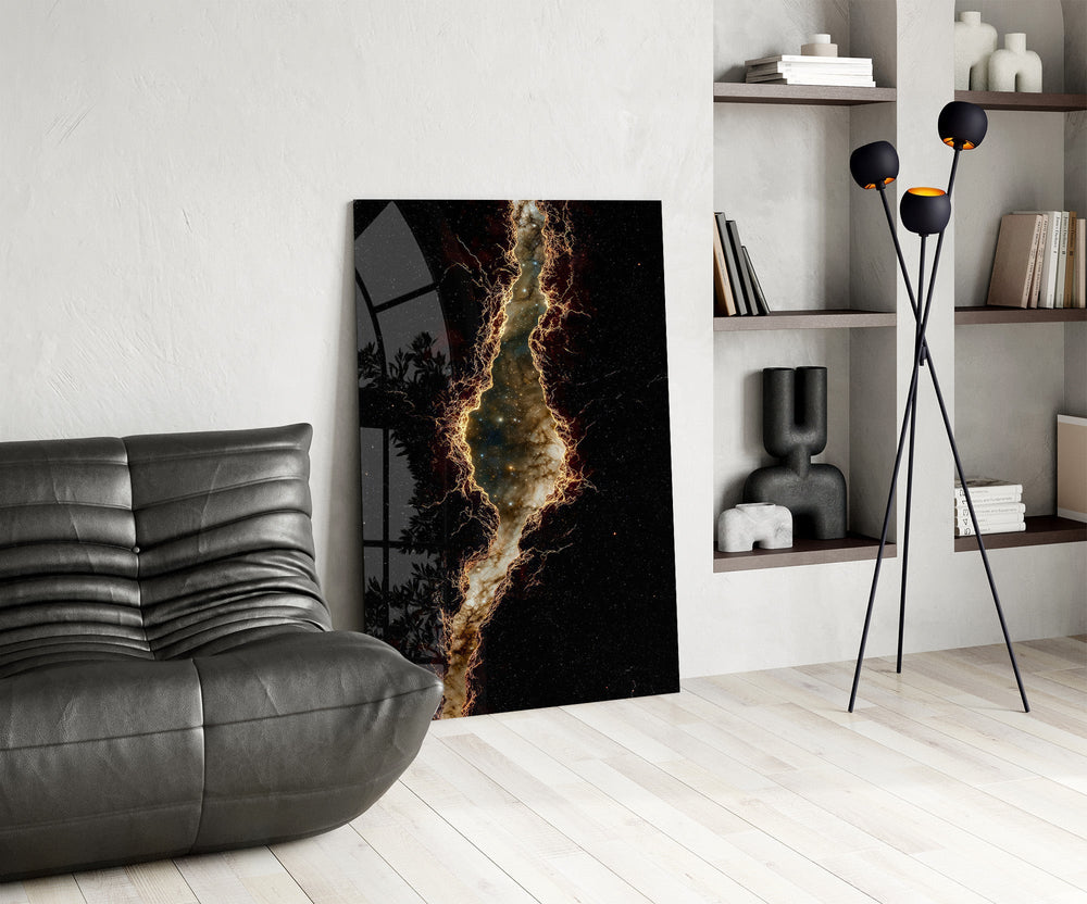 Golden Rift Lightning Nebula Glass Wall Art