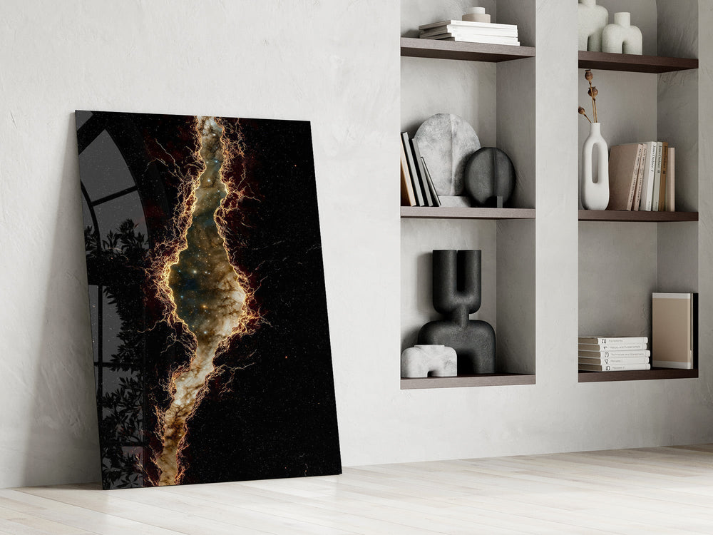 Golden Rift Lightning Nebula Glass Wall Art