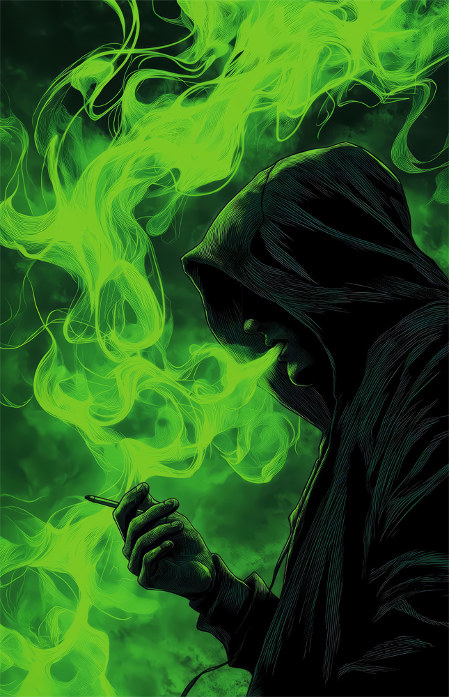 Hooded Figure Neon Green Smoke Glass Wall Art